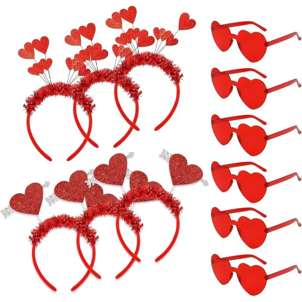 Valentine Party Accessories 6pcs Glitter Red Heart Boppers & Eyeglasses Sets